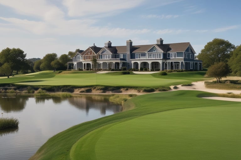 Golf course with clubhouse in background