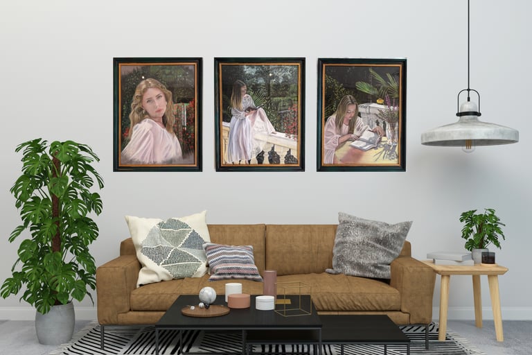 a living room with a couch and a table pastel commande art peinture