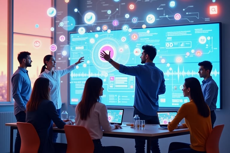 A modern, creative digital studio with a team of young professionals collaborating around screens di