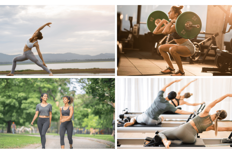 a woman doing a pilateste in a gym, yoga, Strength training and walking