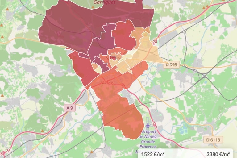 Carte des prix immobiliers par quartier à Nîmes