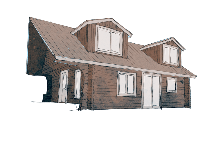 An illustration of a log house
