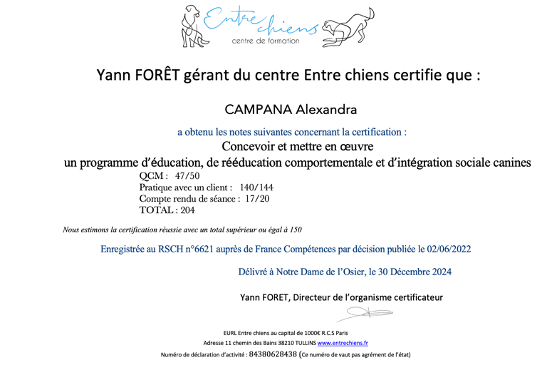Certification educateur canin - Alexandra Campana