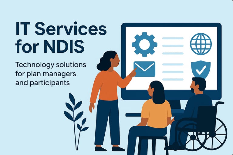 cartoon depicting IT services and technology solutions for NDIS participants