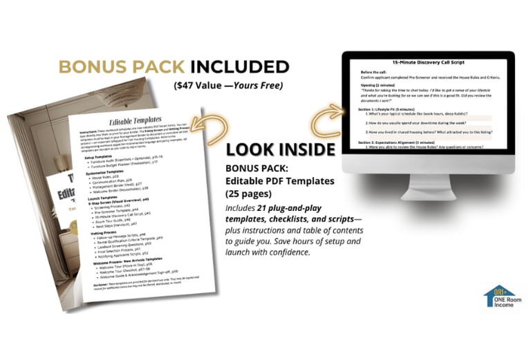 Bonus 1 Editable Templates Pack showing plug-and-play PDF templates, checklists, and scripts from th