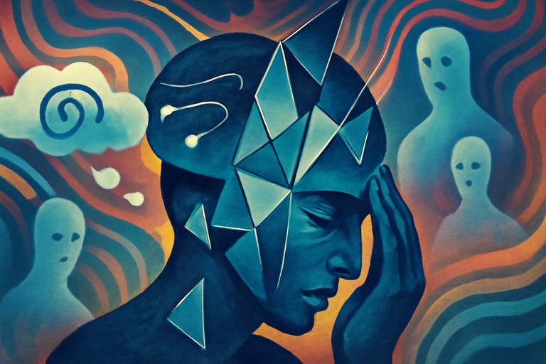 A colourful potrait of a face with dark enviourment sourrounded by negative thoughts.