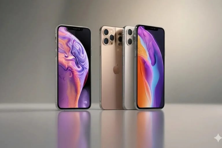 Três iPhones da Apple em dourado e prata mostrando as vistas frontal e traseira sobre uma superfície
