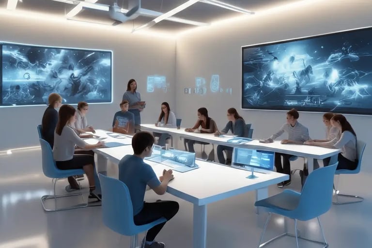 Estudantes em uma sala de aula futurista moderna, com telas holográficas e painéis digitais de apren