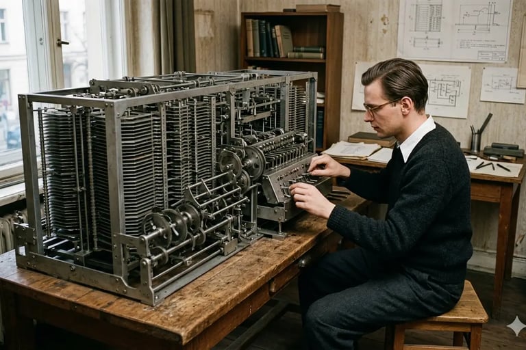 “Homem operando computador vintage, como o Z3 de Konrad Zuse, em laboratório histórico