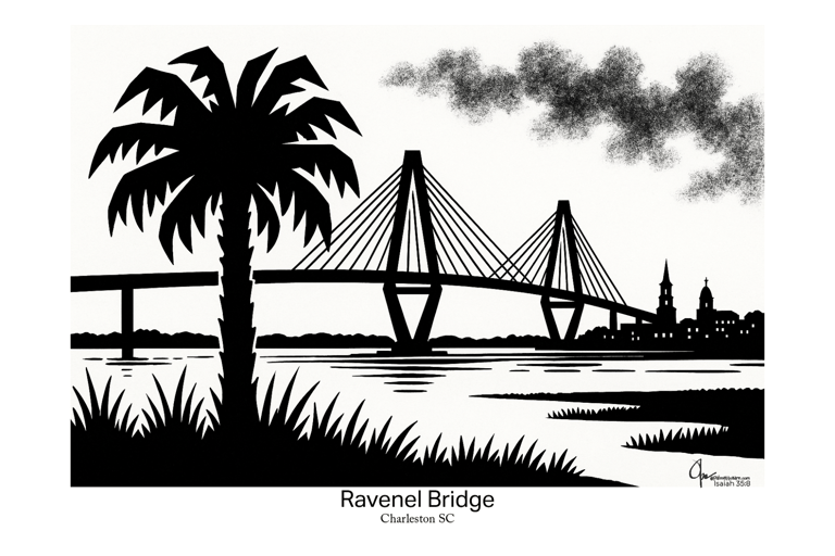 Black and white silhouette art of the Ravenel Bridge from nearby marsh… Charleston skyline.