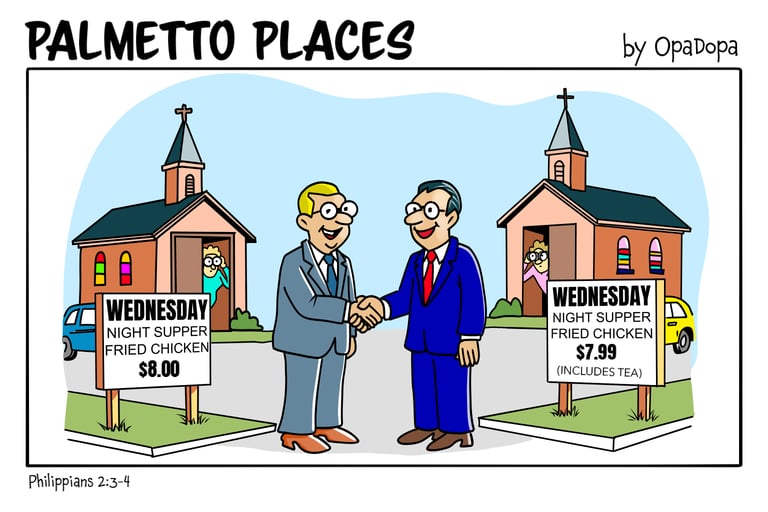 Two pastors shaking hands outside their churches which stand side-by-side on the street corners.