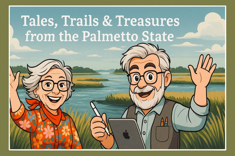 Cartoon style picture of E.B and Opa visiting the Lowcountry of South Carolinas