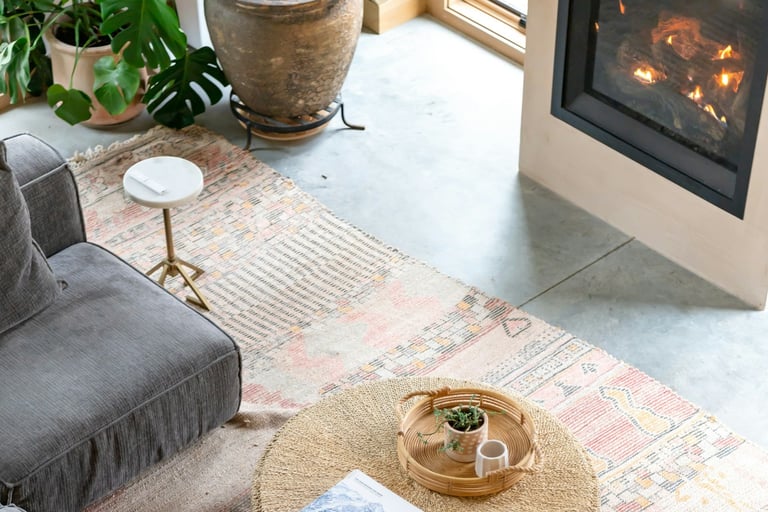 boho style living room with a rattan table, textured area rug, fireplace, ceramic potted plants