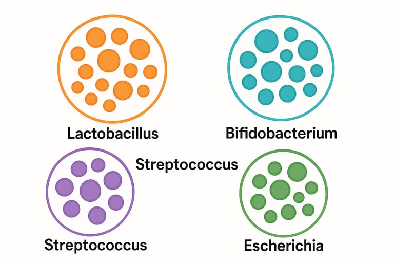 Illustration of probiotic bacteria clusters with labels