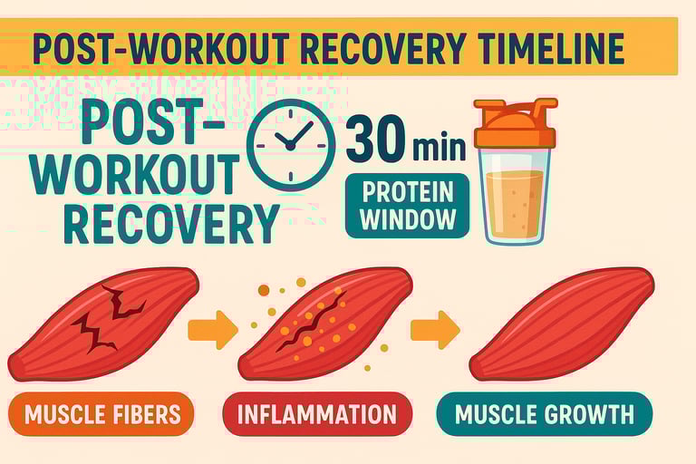 Post-workout recovery timeline infographic showing optimal supplement timing