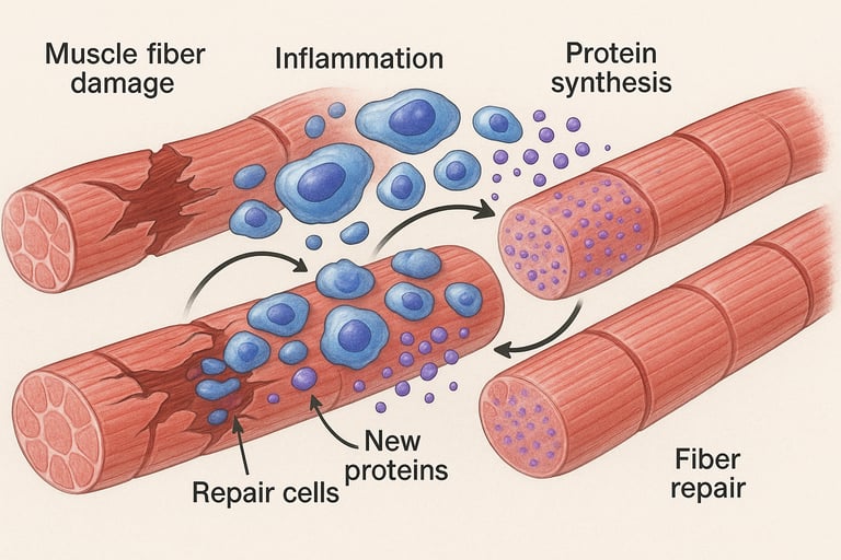 Scientific illustration of muscle recovery and protein synthesis process