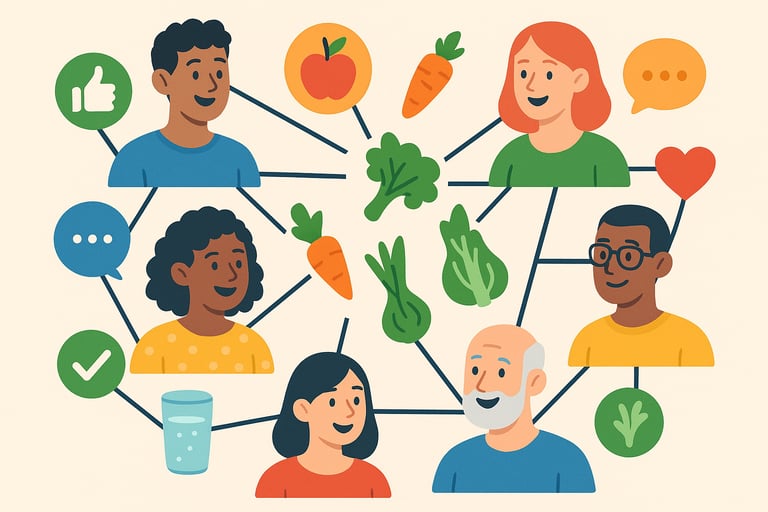 Illustration of social support network aiding healthy eating and accountability