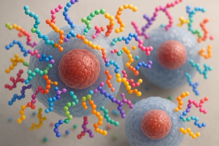 Detailed 3D medical illustration of peptide molecules interacting with human cells, showing cellular