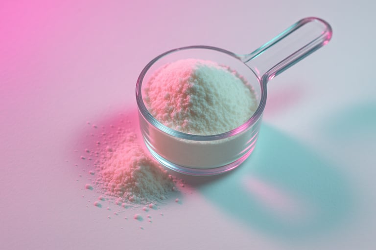 Scoop of white peptide powder on a clean lab counter.