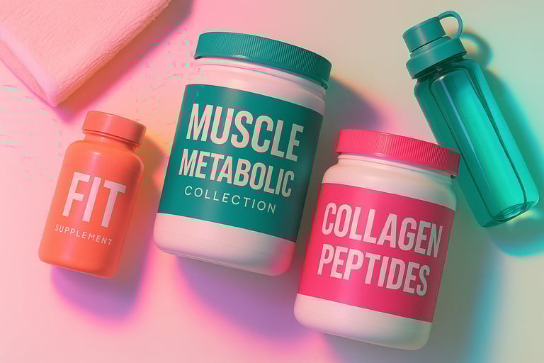 Three peptide supplements for healing and recovery on white background with pink and teal accents.