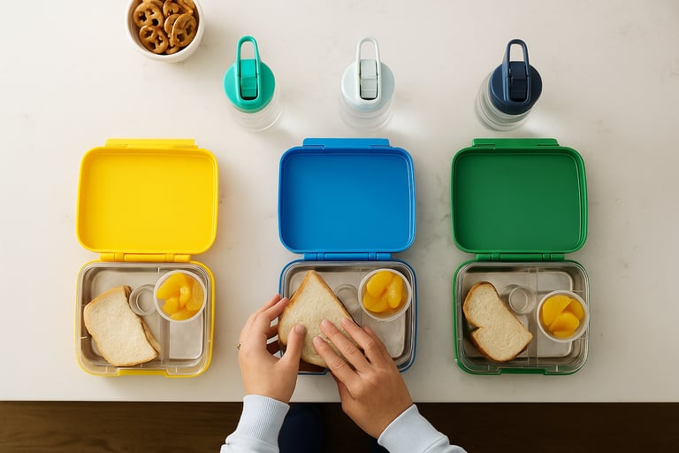 Mom preparing lunches on the counter.