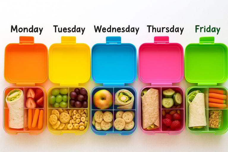 Five colorful lunchboxes lined up Monday–Friday, each filled with a different healthy combo.