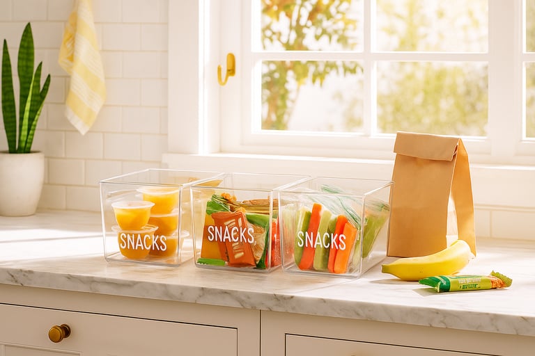 Kitchen snack station with labeled bins of fruit cups, granola bars, and veggie sticks.