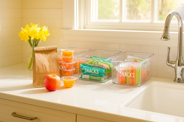 Bright kitchen counter with prepped snacks in snack bins of granola bars and fruit and veggies