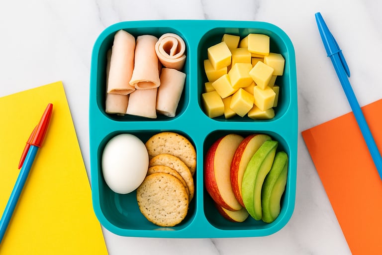 Overhead flat lay of divided lunchbox with turkey roll-ups, cheese cubes, egg, crackers, apple slice