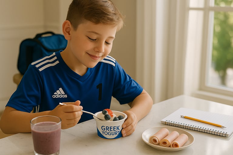 Child in sports clothes at kitchen counter eating yogurt and fruit with homework open.