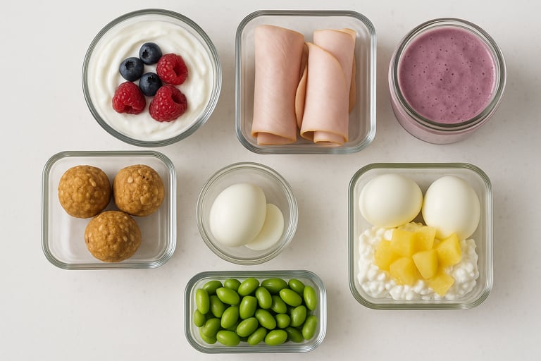 Overhead flat lay of seven snack containers with yogurt, turkey roll-ups, energy bites, smoothie jar