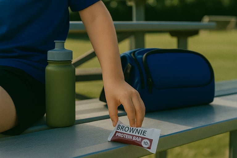 Kid’s hand reaching for a protein bar or jerky pack on bleachers, with sports bag and water bottle