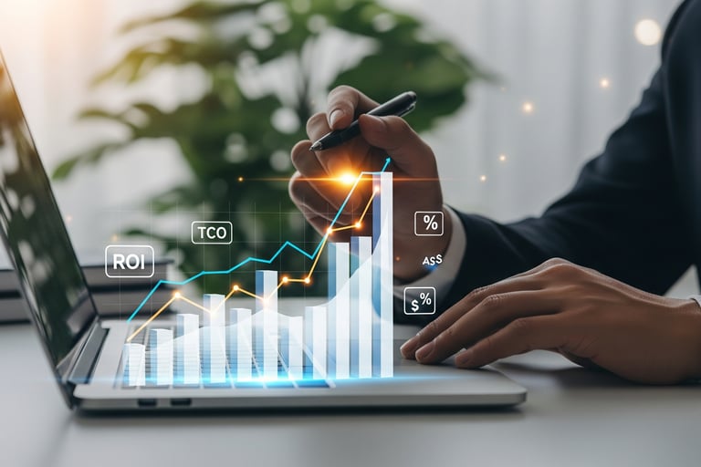 Business leader analyzing ROI and TCO, symbolizing ERP cost and return modeling on erp Projects