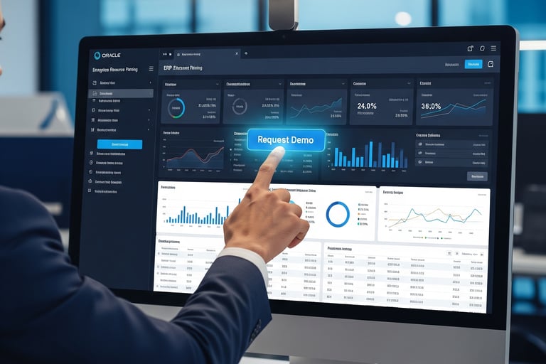 Professional pointing at ERP dashboard with charts & Request Demo button, symbolizing RFP evaluation