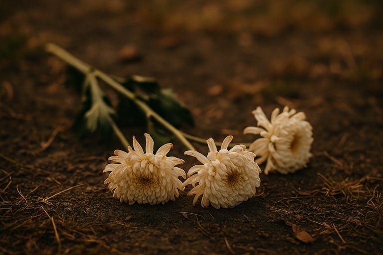 Trois chrysanthèmes légèrement fanés reposant sur un sol naturel, éclairés par une douce lumière d’automne