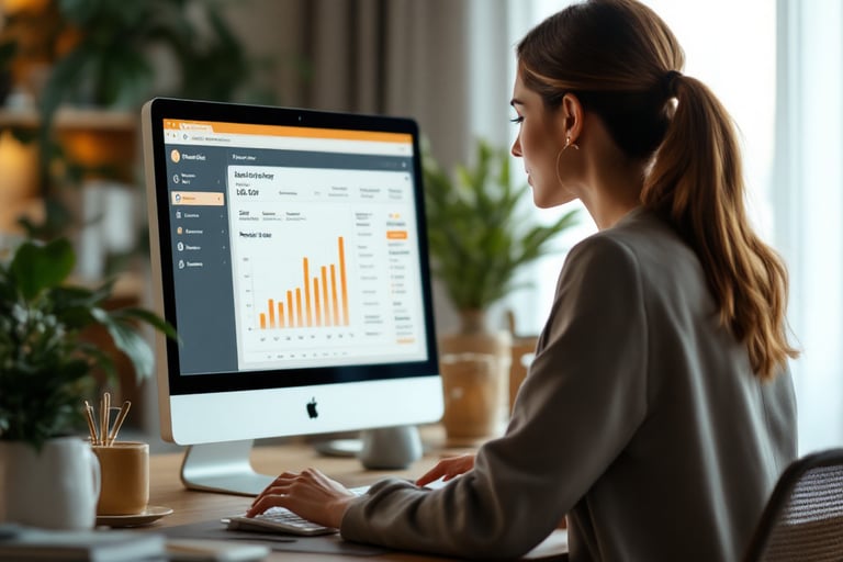 Femme utilisant un ordinateur pour gérer une propriété locative avec la plateforme Always Welcome