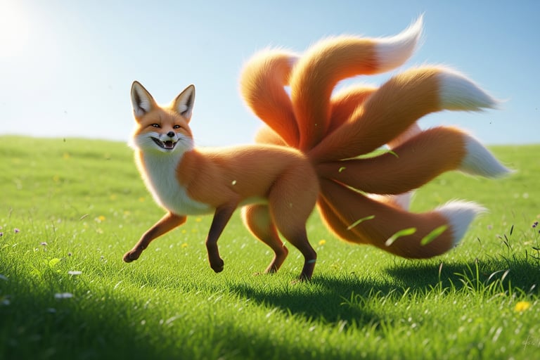 Hyper-realistic image of a nine-tailed fox dancing. 
