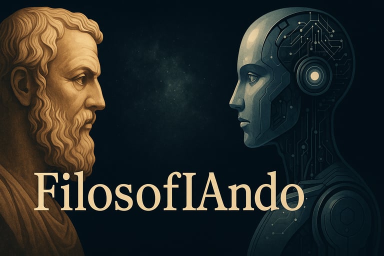 Banner de filosofIAndo en el que un filósofo clásico mira a un robot humanoide.