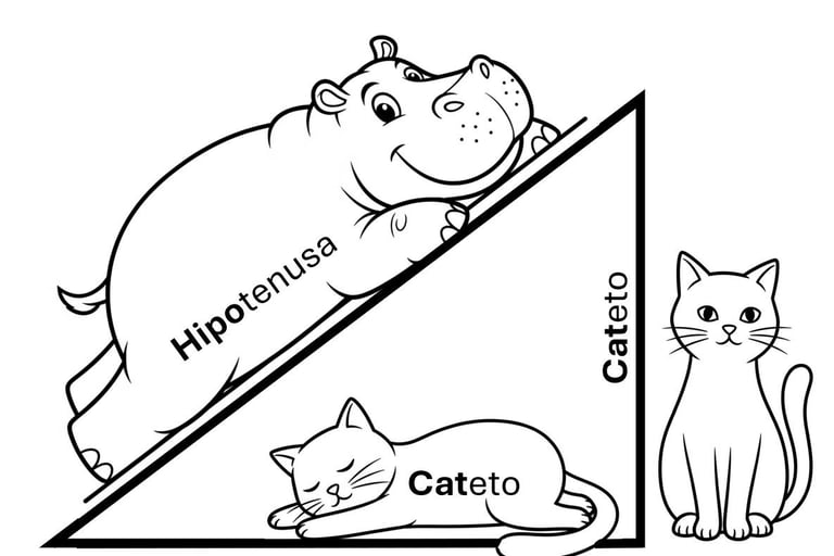 Esquema de un triángulo rectángulo escaleno con un hipopótamo tumbado en la hipotenusa y un gato en cada cateto.