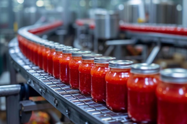 Glass jars filled with red tomato sauce moving along a conveyor belt in a food processing factory.
