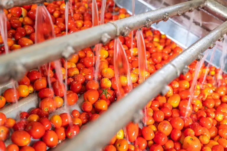 Fresh red tomatoes being washed by spray nozzle industrial food processing conveyor belt.