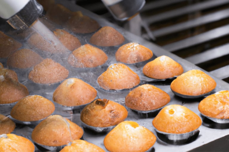 Industrial bakery machine spraying a fine mist over freshly baked muffins on a conveyor belt.
