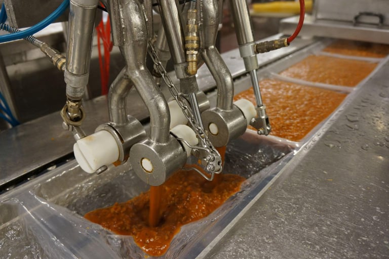 Industrial food processing machine filling plastic trays with red pasta sauce on a conveyor belt.