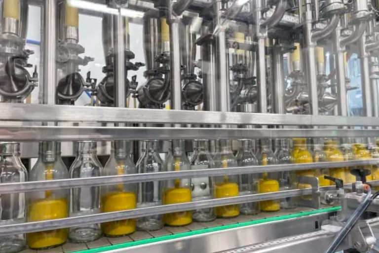 Automatic liquid filling machine processing glass bottles with yellow liquid on a factory conveyor line.