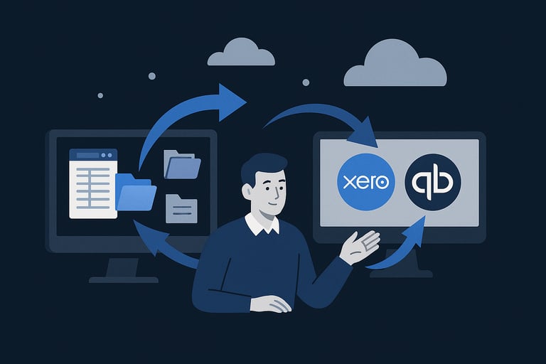 Icons representing setup of Xero and QuickBooks with automation