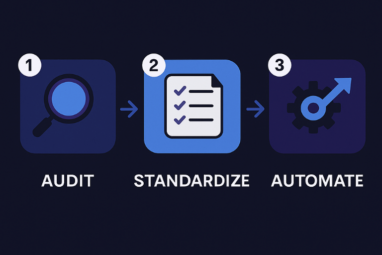 Three icons showing audit, standardization, and automation of finance workflows