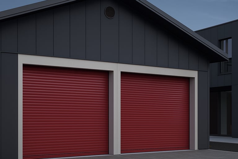 Deux portes de garage enroulables rouges installées sur une maison contemporaine Isovergne