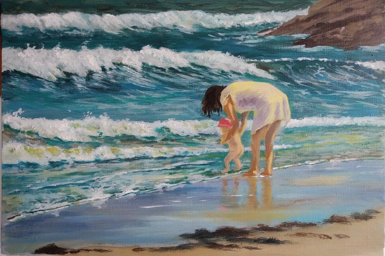 El primer baño. oleo sobre tela .24x35cm