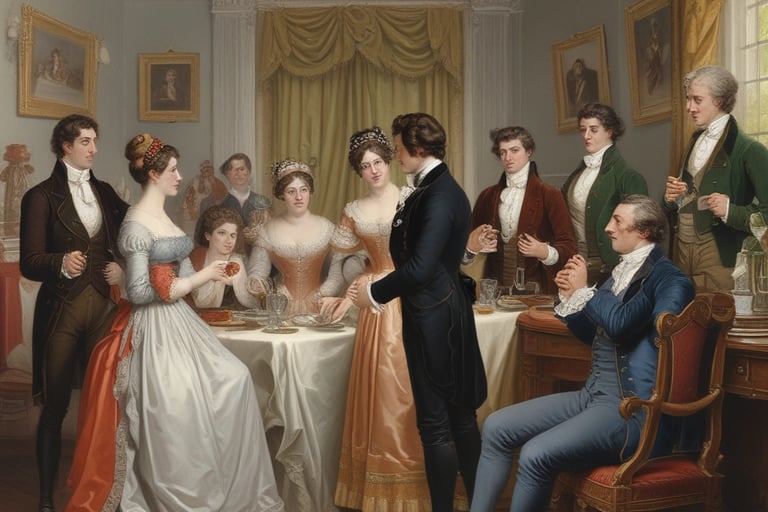 A group of ladies and gentlemen around a table from the Regency period.