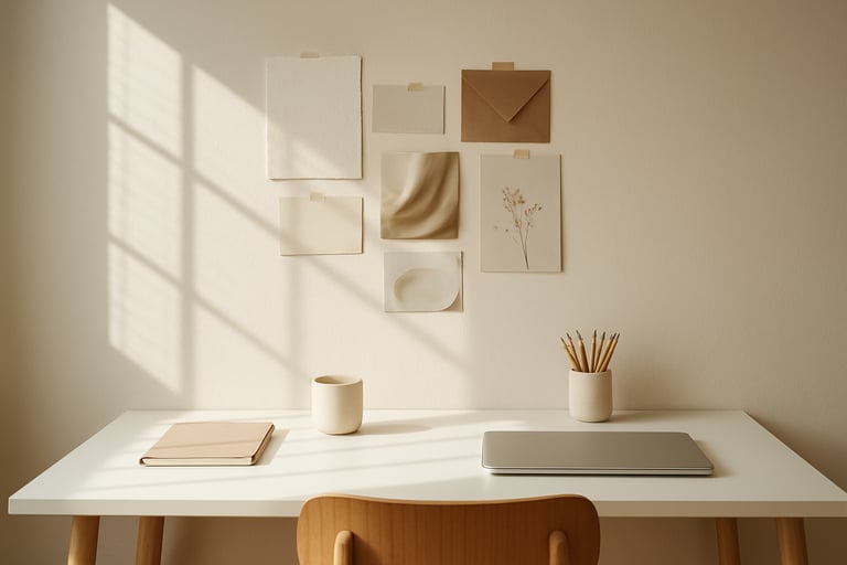 Professional photography of a minimalist workspace with a neutral-toned mood board and soft shadows from a window, bright and airy atmosphere, Spanish-speaking editorial style.